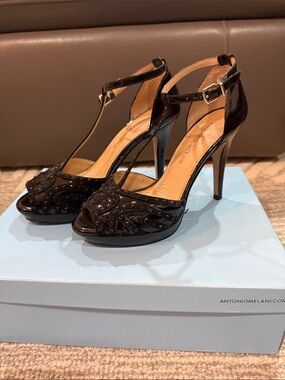 ANTONIO MELANI Black Studded T-Strap Platform Heels